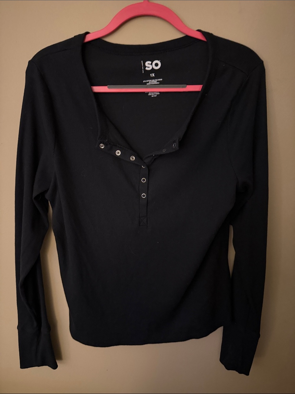 SO Black Ribbed Long-Sleeve Henley with Snap Placket